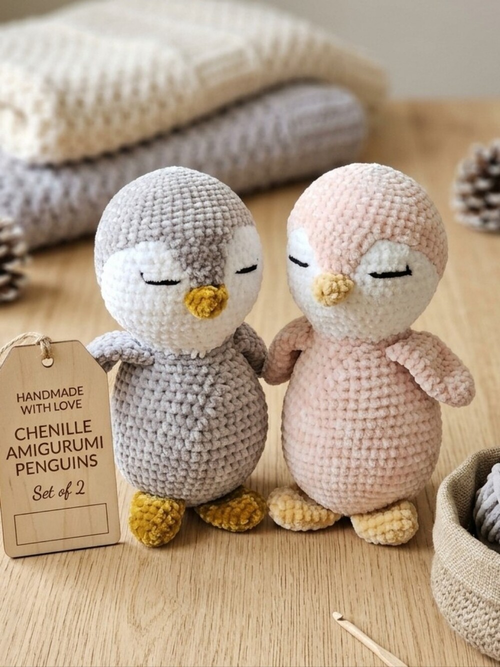 Handmade Chenille Amigurumi Penguin Set — Gray & Pink